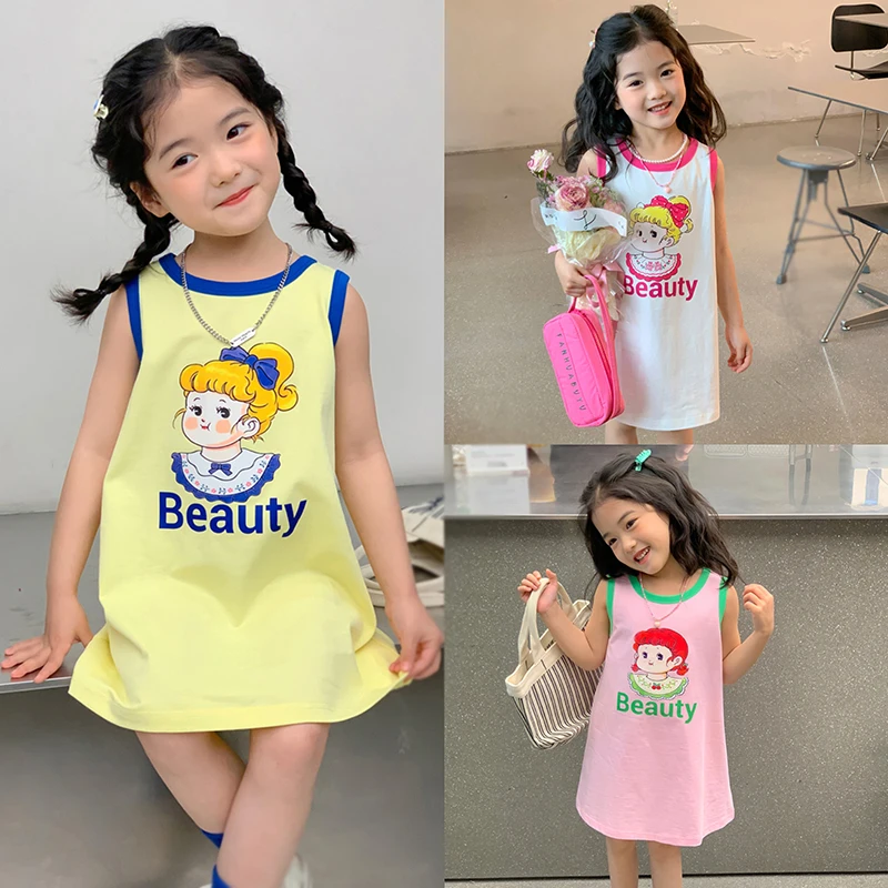 Summer Girl's Korean Version Resort Style Beach Dress Contrast Color Dress Knee-Length Dress Cartoon Vest Dress Fashionable