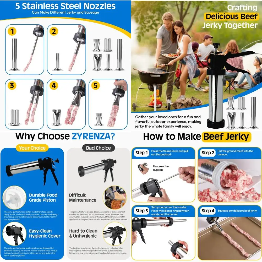 

Professional Jerky Gun Kit – Stainless Steel Beef Meat Maker Machine with 5 Nozzles, 1 Meat Pusher, 5 Cleaning Brushes (2 Sets),