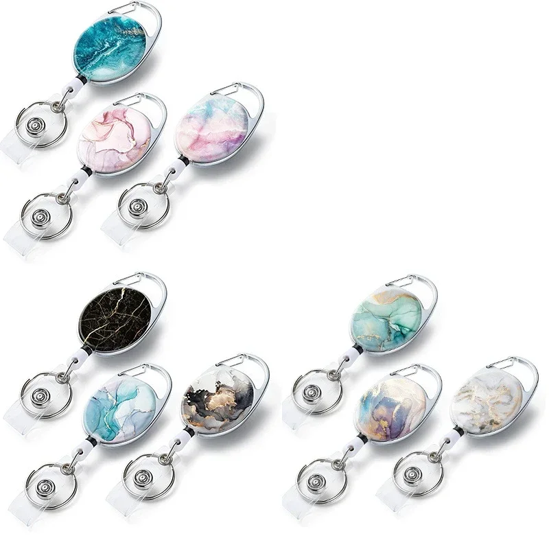 Marbling Badge Reel Oval Easy Pull Badge Reels Keychain Egg Shape Staff Nurse Badge Holder Reel Retractable Work Pass Card Clip