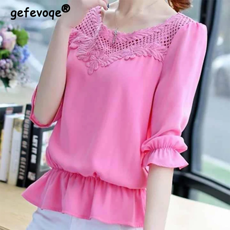 

Summer New Oversized Lace Patchwork Hollow Out Shirt Ladies Elegant Fashion Solid Color Half Sleeve Blouse Women's Pullover Tops