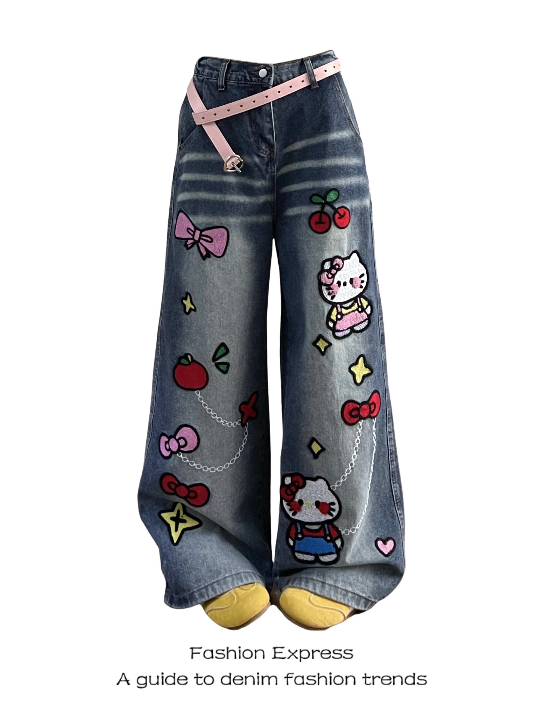 

Американские джинсы из денима с мультяшным принтом, женские свободные брюки с высокой талией и широкими штанинами, синие, с принтом, молодежный стиль, весна-осень