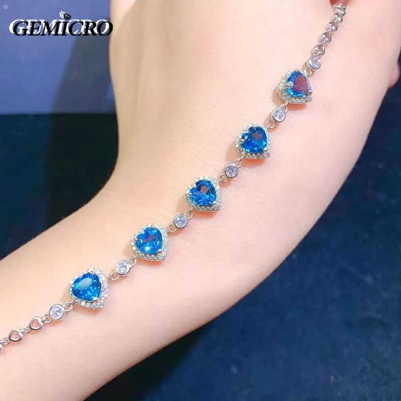 Gemicro Blue Topaz Women's Bracelets with Natural Diamond 6*6mm Heart Shape Stone 925 Sterling Silver Wedding Party Fine Jewelry image 2
