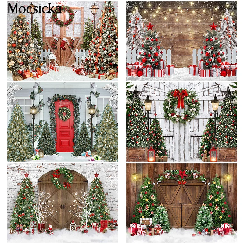 Mocsicka Christmas Photography Decorations Backdrops Winter Vintage Wooden Door Background Kids Adults Portrait Photo Props