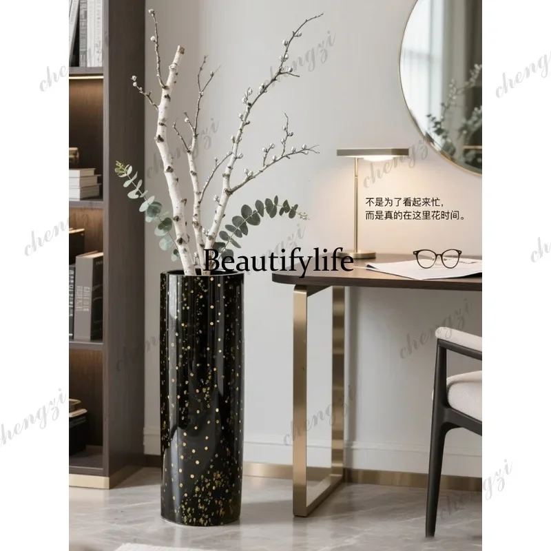 H132 floor-to-ceiling glass vase transparent black high flower arrangement long branch large light luxury