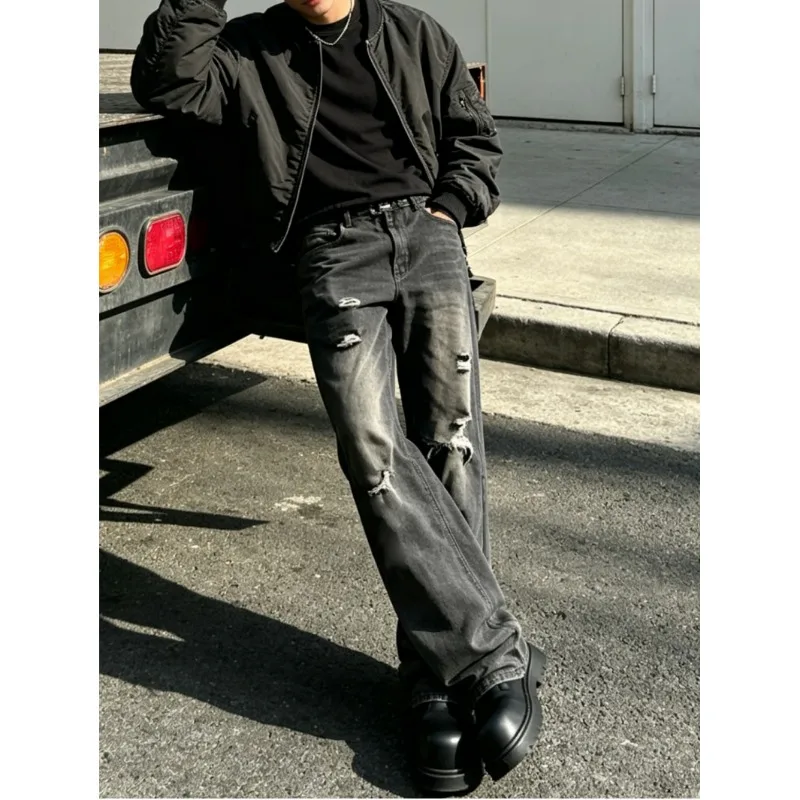 OIQERE European American Mens Heavyweight Ripped Jeans High Street American Trendy Micro Flare Long Denim Trousers
