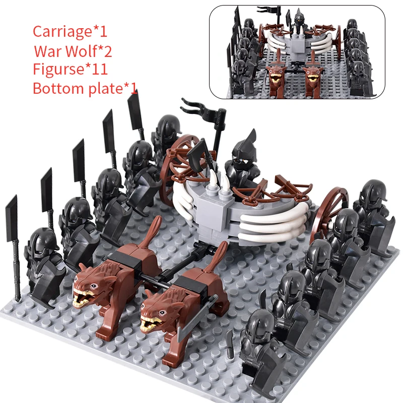 MOC figuras medievales Orc Soldiers Raider Vargr Wolf Chariot Orcus uruk-hai Knights Building Blocks Bricks, juguetes para niños, regalos