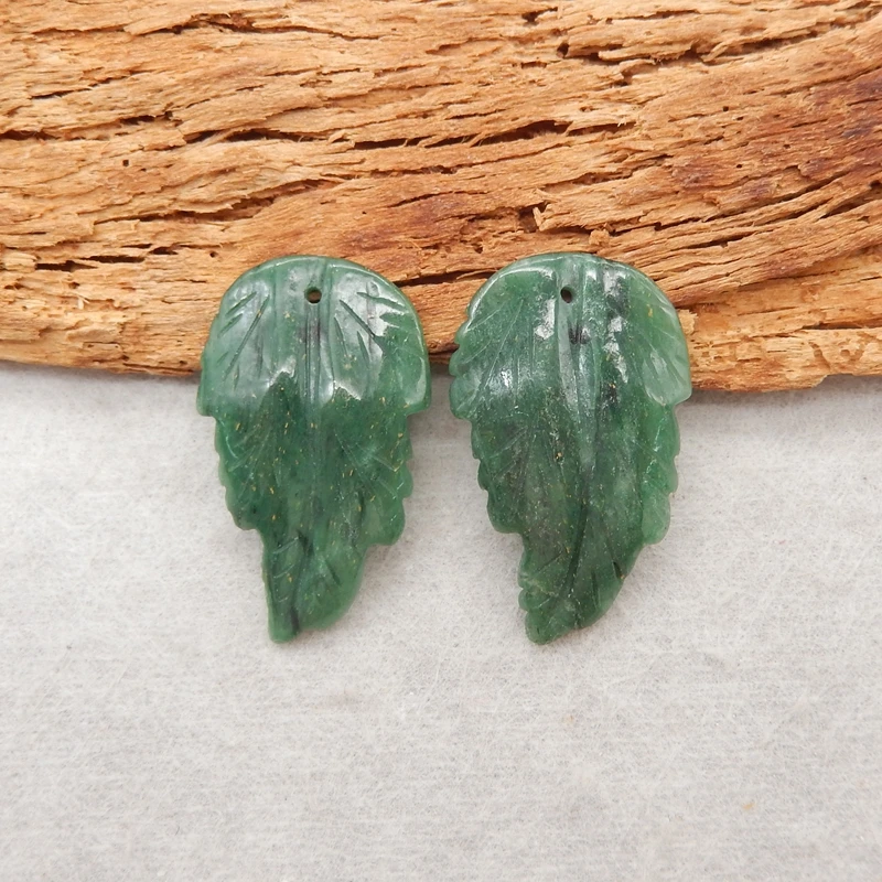 

2PCS African Jade Leaf Pendants Carved Green Gemstone Jewelry Components for Crafting 30x18x4mm-5.4g