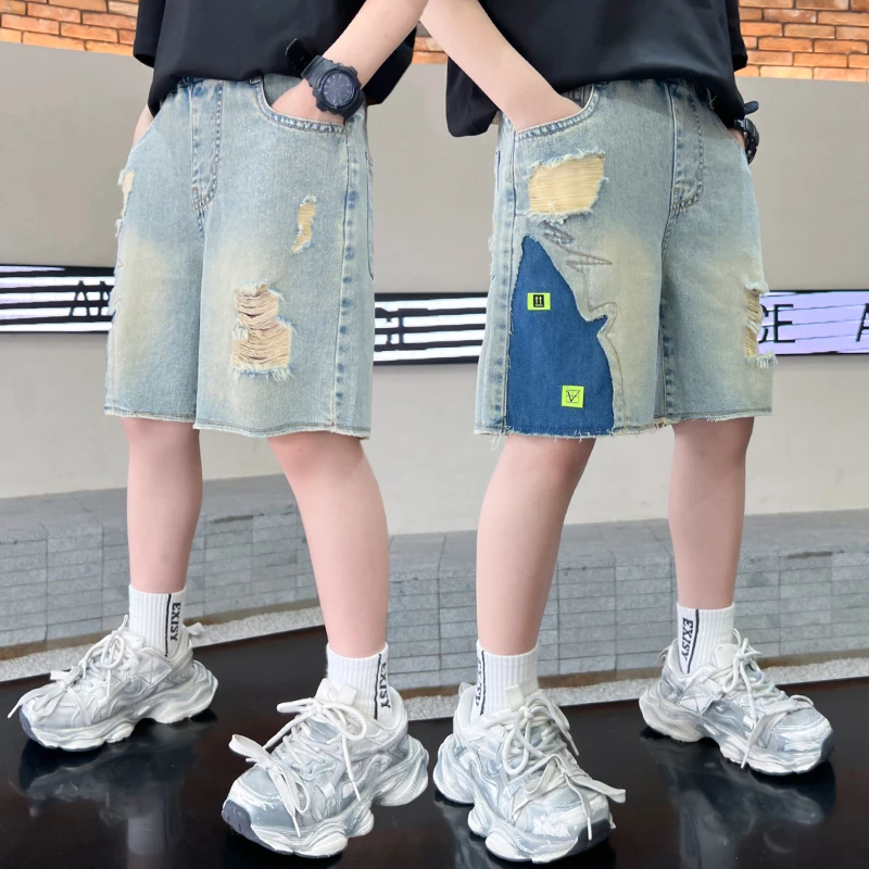 Hot Sale Kids Child Casual Ripped Denim Shorts with Holes for Tweens Boys Loose Straight Destroy Broken Jeans Shorts Pants 5-14Y
