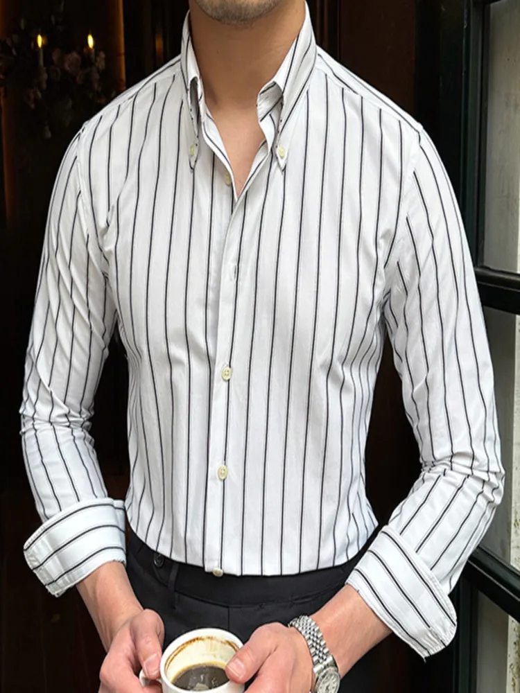 

Summer Men Color Contrast Striped Shirt Long Sleeve Slim Hairstylist s Office Tuxedo Stripe Social Herren Hemd