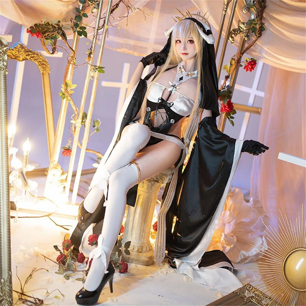 AGCOS Azur Lane HMS Indefatigable Nun Cosplay Costume Woman Halloween Sexy Nun Cosplay Suits Uniforms Dress