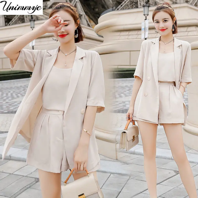 

2024 Summer Clothes Women Casual Short Sleeve Tops + Vest High Waist Wide Leg Shorts Suit 3 Piece Sets Womens Outfits J258