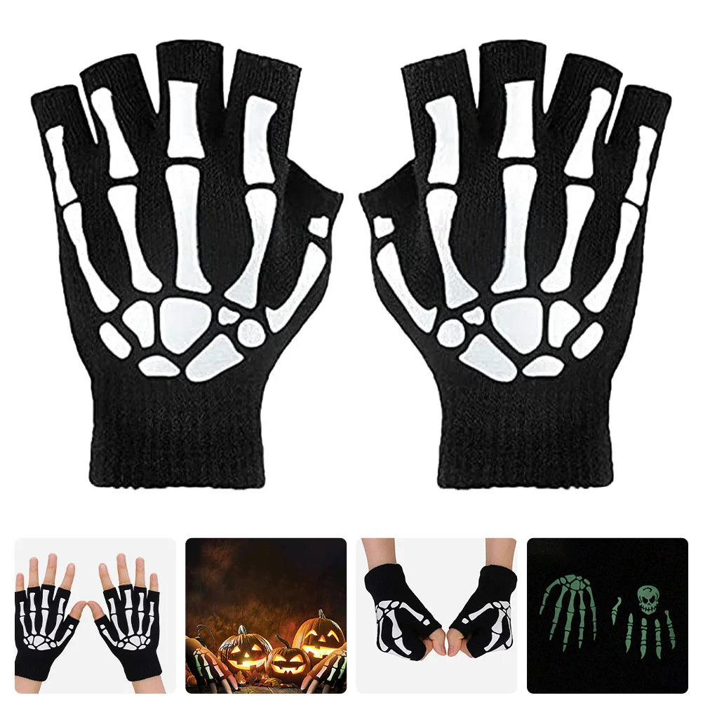 Riding Gloves Luminous Skull Knitted Fingerless Winter Warm Clothing Half-finger Men Party Supplies Man