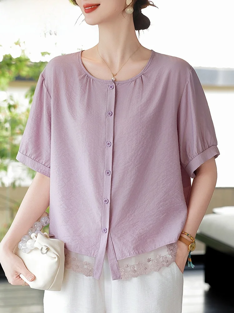 

Модный хлопково-льняной комплект для пожилых женщин: летний повседневный топ с коротким рукавом, свободный крой, круглый вырез, костюм-двойка