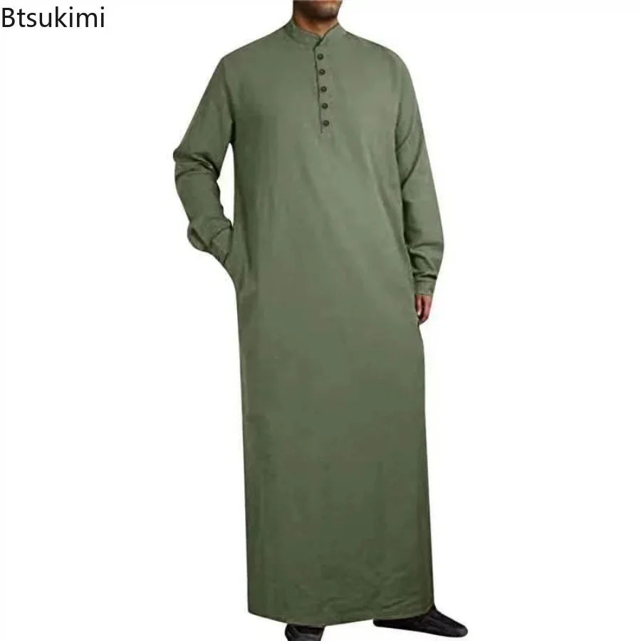 2024 Muslim Fashion Shirt Solid Abaya for Men Stand Collar Long Sleeve Saudi Arab Kaftan Simple Casual Long Robe Men Jubba Thobe