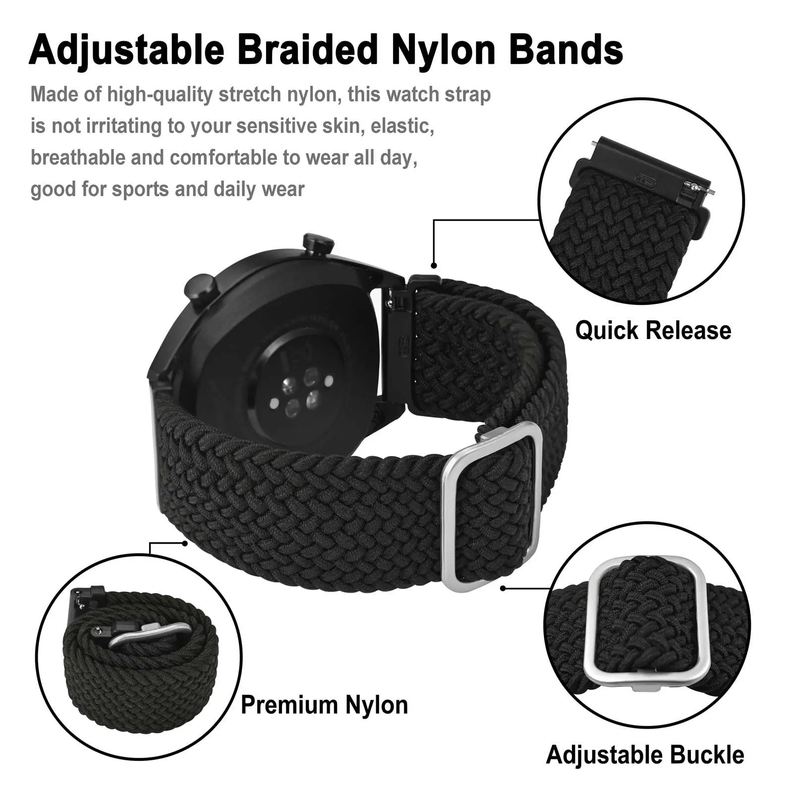 22mm 20mm Nylon Braided Loop Strap For Samsung Watch 5/4/3 Active 2 Huawei Watch GT Fabric Bracelet Belt For Amazfit GTR/Stratos