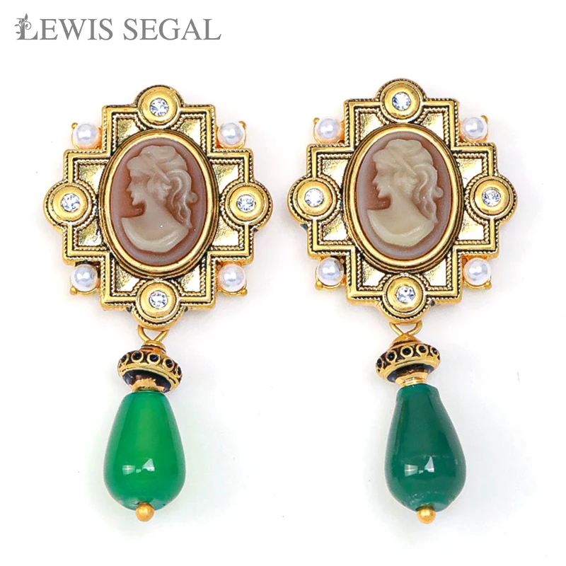 

LEWIS SEGAL 18K Gold Vintage Beauty Avatars Drop Earrings for Women Jade Luxury Fine Jewelry Wedding Party Gift