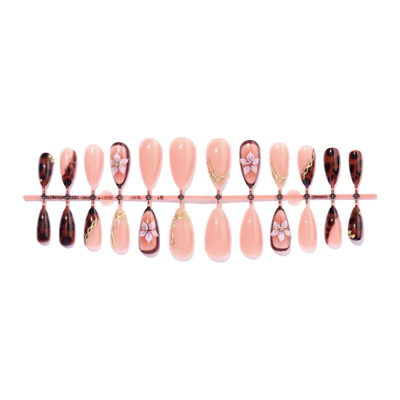 24 Uds Otoño Invierno ámbar almendra prensa en uñas flores 3D patrones dorados uñas postizas francesas para mujeres uñas postizas con estampado de leopardo