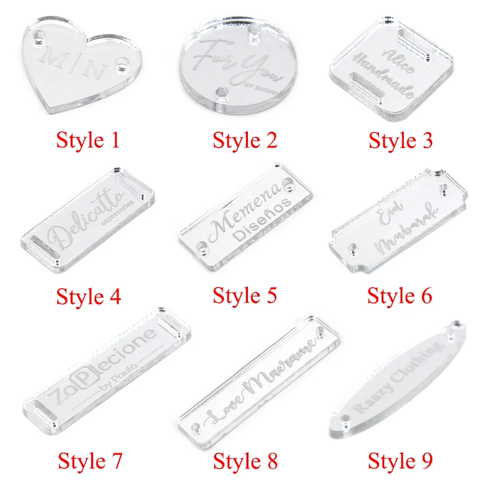 50 Personalized Engraved Silver Mirror Tag Sew On Ribbon Bow Many Shape Acrylic Label Custom LOGO Handmade Party Candy Box Decor