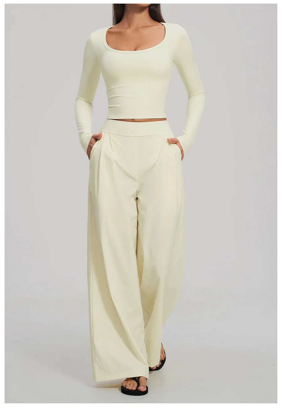 2-teiliges Yoga-Set für Damen, Langarm-Fitness-Oberteil, Trainingsanzug, Sportbekleidung, High-Waist-Hose mit geradem Bein, Fitness-Sportanzug – Detail 5