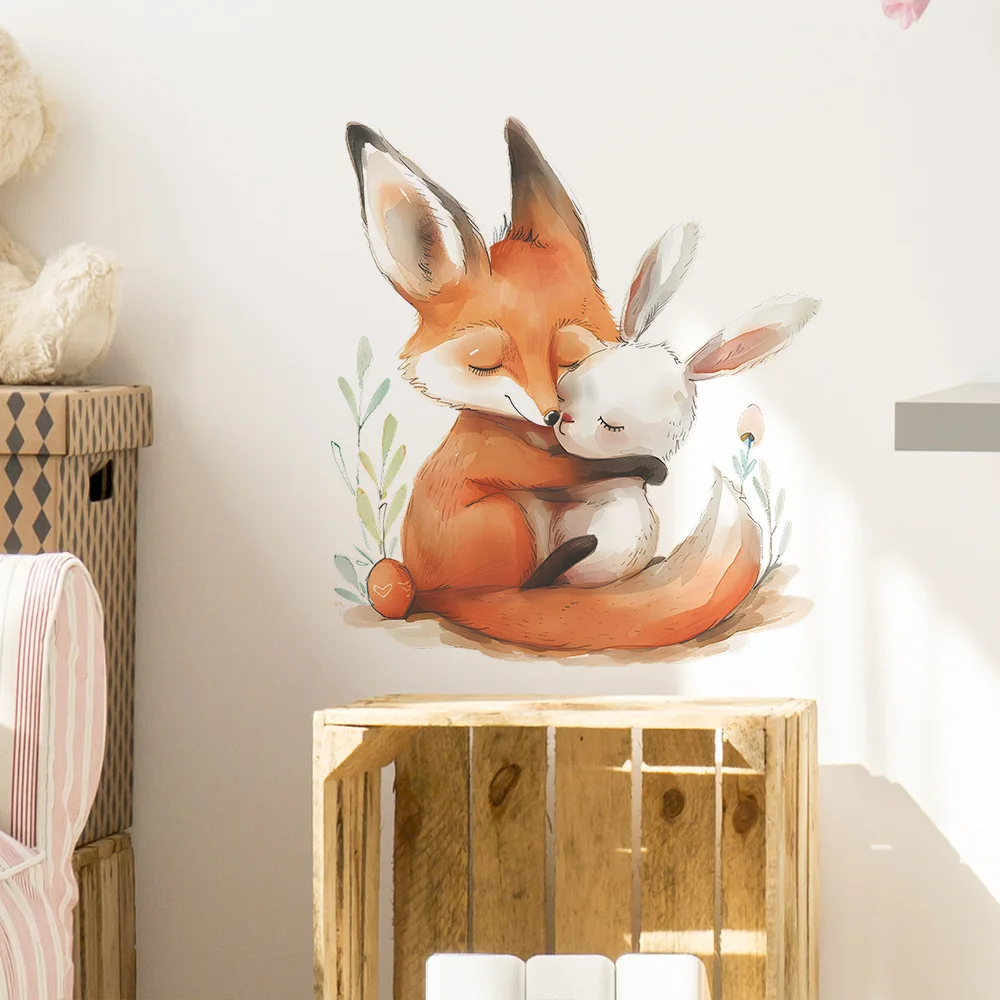 Cartoon Fox Rabbit Embrace Wall Sticker Kid Room Bedroom Background Decoration Mural Home Decor Cute Animal Self-adhesive Decals