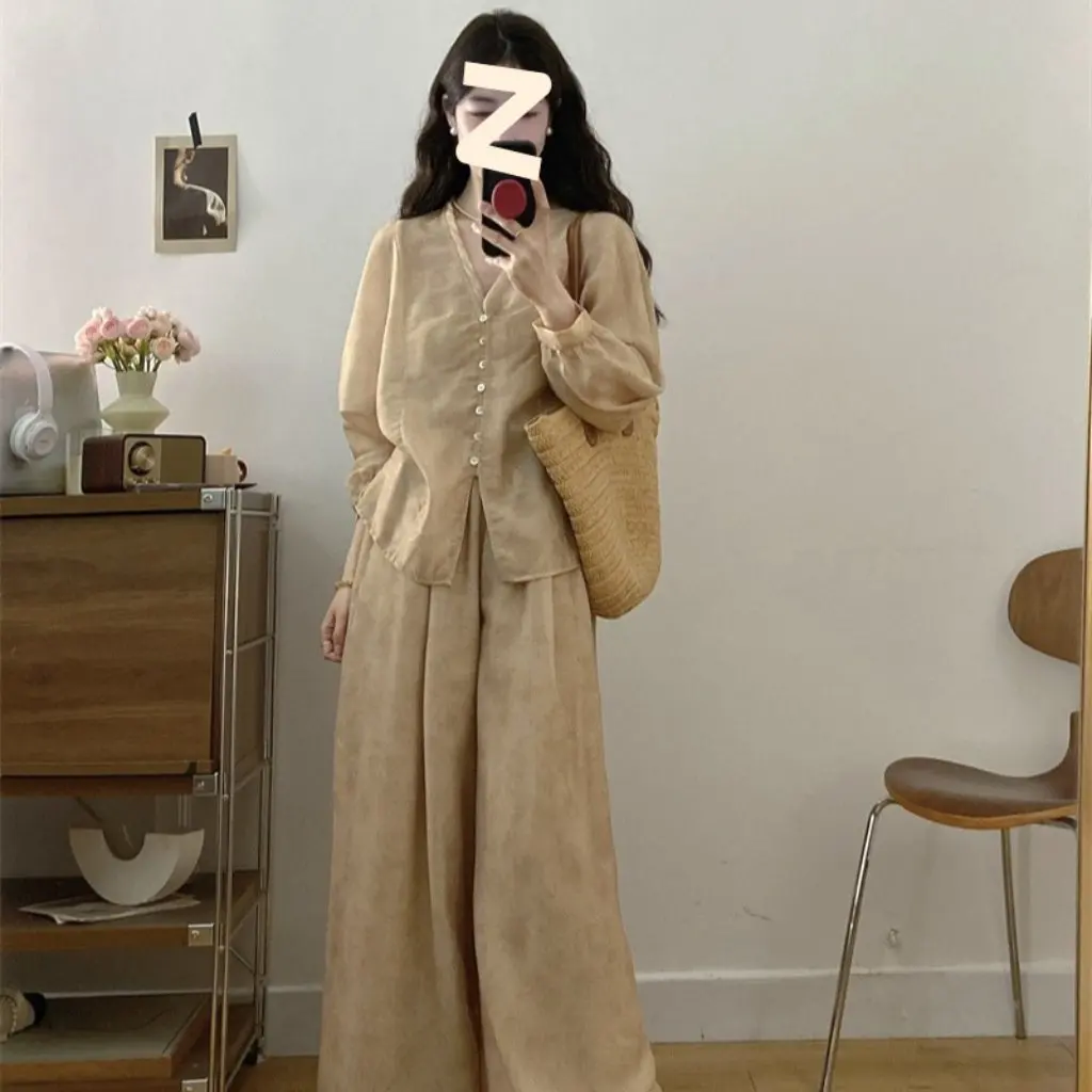 

Женский сексуальный комплект из двух предметов в китайском стиле с v-образным вырезом и длинными рукавами, утягивающие брюки, весна-лето, тонкая рубашка большого размера