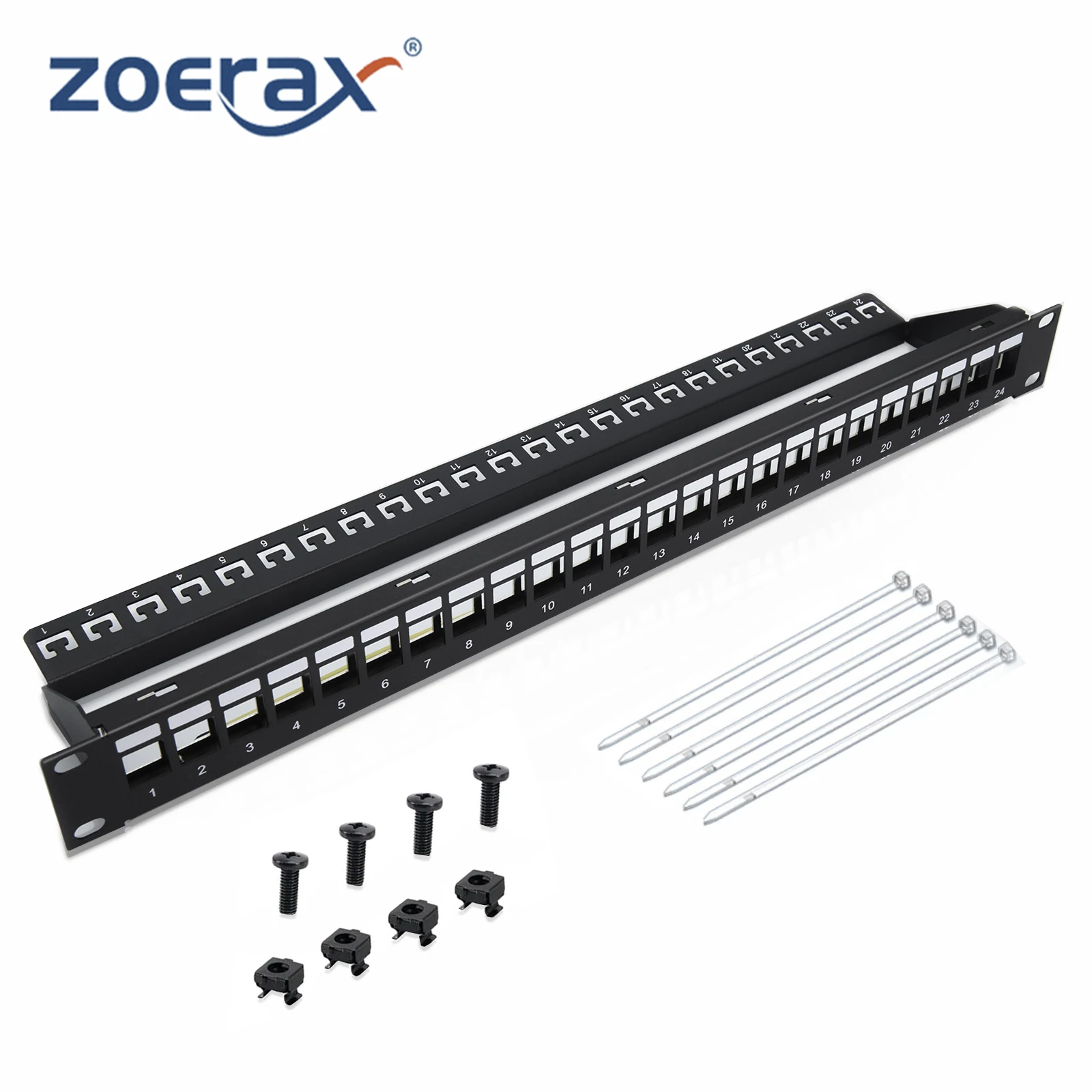 ZoeRax Painel de remendo RJ45 de 24 portas Cat6 de alimentação através, painel de remendo de rede acoplador de 19 polegadas, painel de remendo Ethernet Keystone em linha