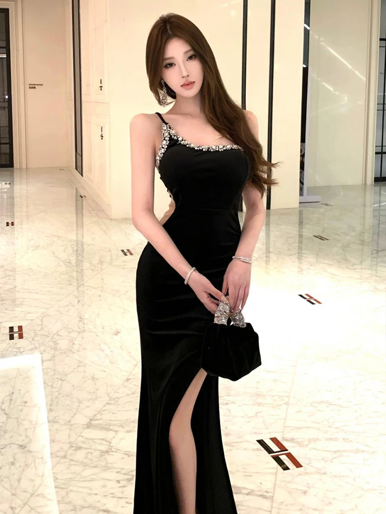 Frauen Kleidung Schwarz Samt Sexy Off-Schulter Dünne Abendkleid Elegante Luxus Dame Party Club Prom Vestido Weihnachten Robe neue