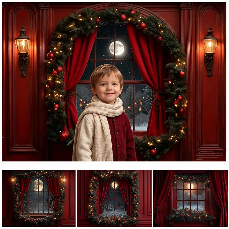 LS Fotografie-Hintergrund Winternacht Roter Weihnachtsbogen Fensterdekoration Xmas Feiertag Erwachsenen- und Kinderporträt Fotohintergrund Studio