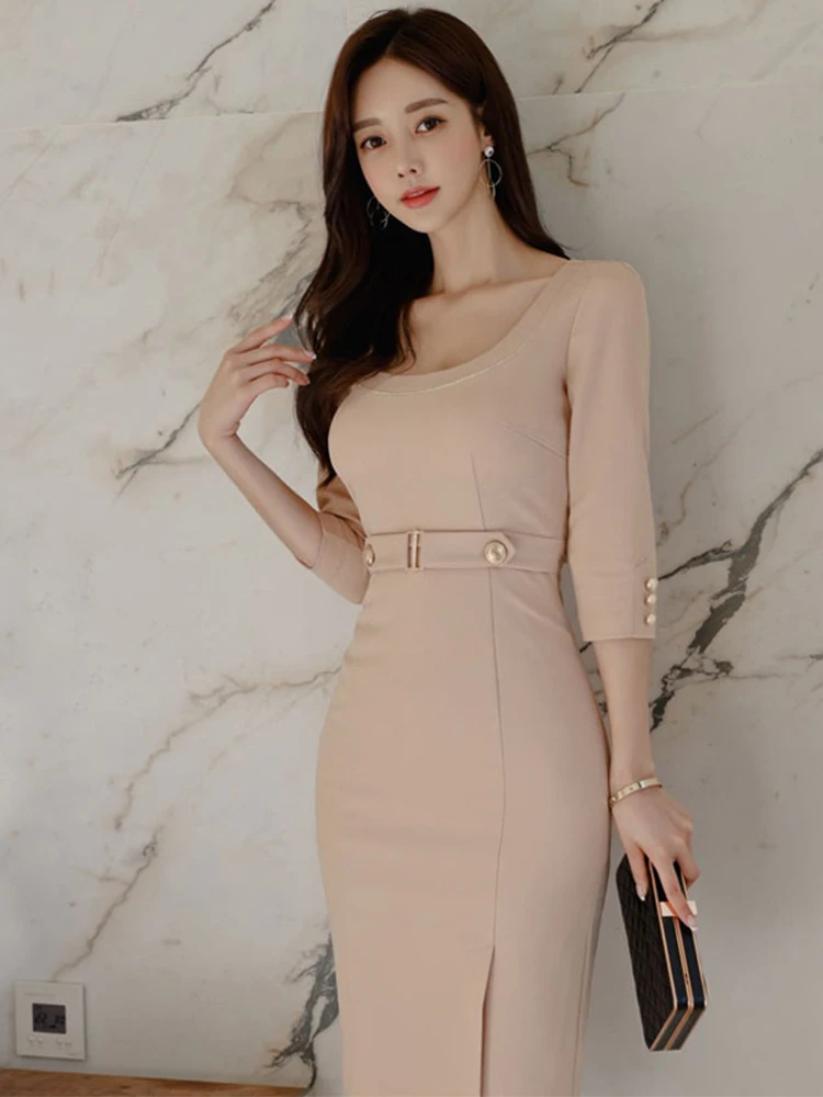 Korean Fashion Spring Autumn Elegant Women Pencil Dress Commute Formal Chic Solid Sexy O-Neck Slim Slit Midi Party Mujer Vestido