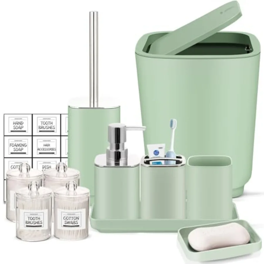 

Green Bathroom Accessories 11-Piece Set with Tray Toothbrush Holder Cup Soap Dispenser Dish Toilet Brush Trash Can Q-Tip Holder