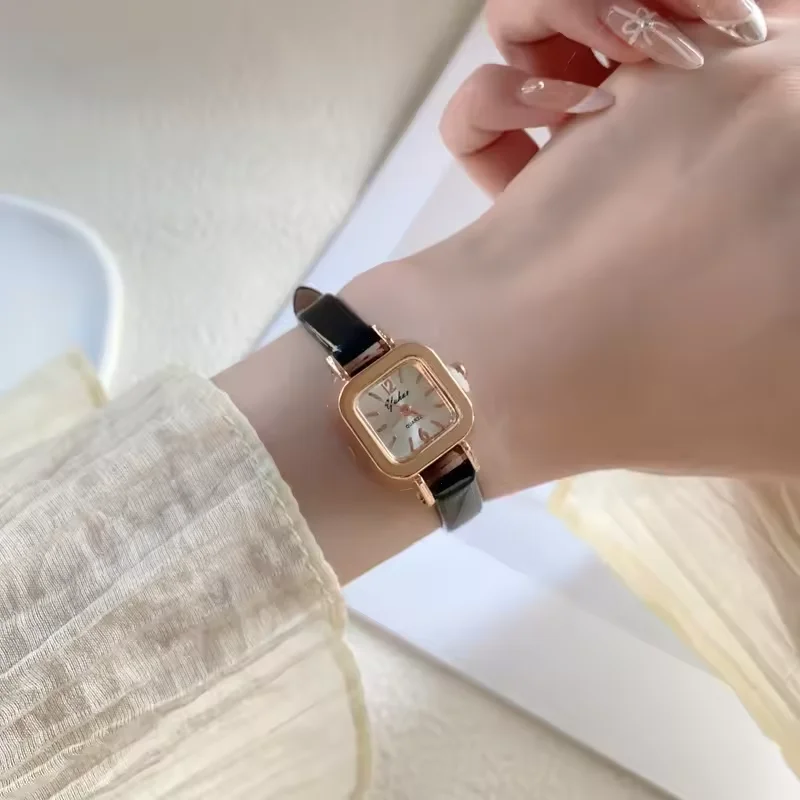 Jam Tangan Wanita Elegan Jam Tangan Wanita Tali Kulit Coklat Persegi Kecil Jam Kasual Kuarsa Wanita Mewah Relojes para mujer