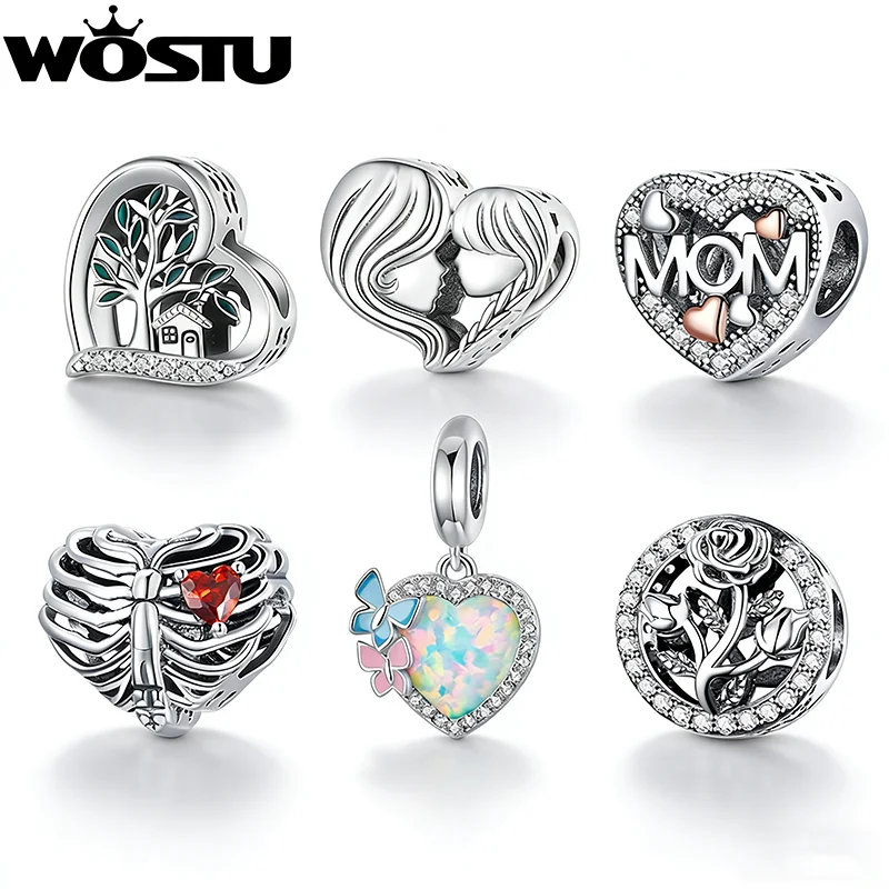 WOSTU Gift For mom Copper White Gold Plated DIY Heart Charms Tree of Life Bead Opal Pendant Fir Original Bracelet Necklace