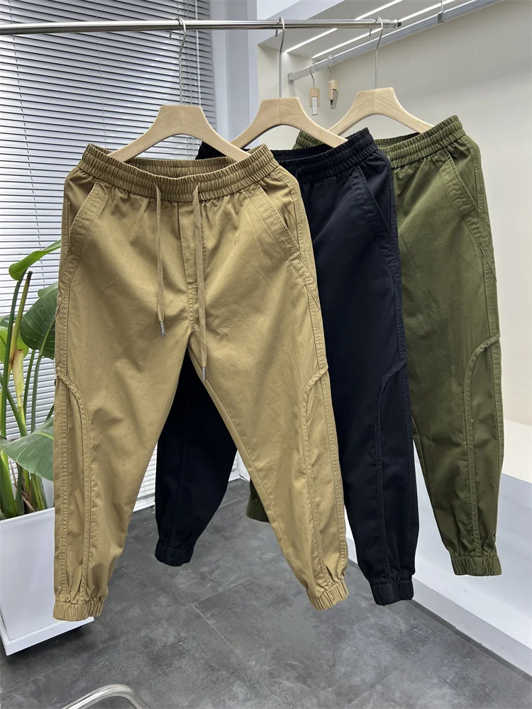 

Хлопковые повседневные брюки для мужчин с эластичным поясом на шнурке, осенние, свободного кроя, с 3D-пошивом, длинные брюки
