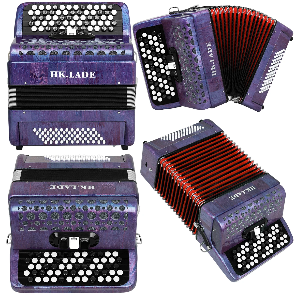 HK-LADE 62 Key 60 Bass Accordion Button Color Changing and Tone Changing Professional Bayan Accordion with Accessories Purple