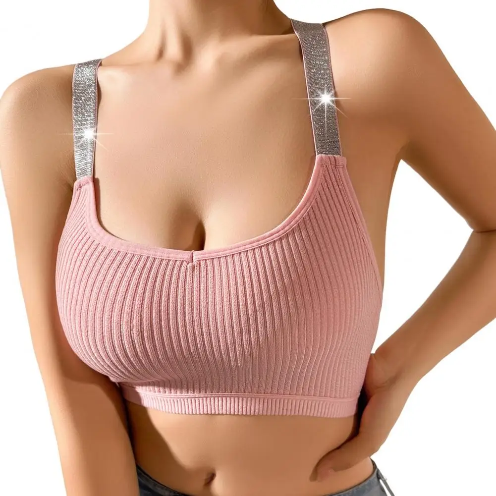 

Sports Bra Nylon Material Glittery Silver Ribbed Sports Bra with Racerback Design for Women Sparkly Straps Everyday Push Up Crop