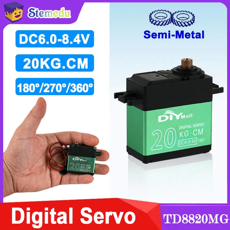 

TD-8820MG Цифровой сервопривод, 20 кг, 4,8-8,4 В, высота, металлическая шестерня 180 ° /270 ° /360 ° Программируемые для радиоуправляемых автомобилей, роботов, дронов