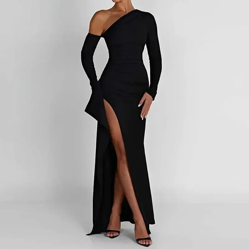 

Oblique Shoulder Thigh High Split Maxi Dress Women Long Sleeve Backless Bodycon Sexy Club Party Long Dress Vestidos