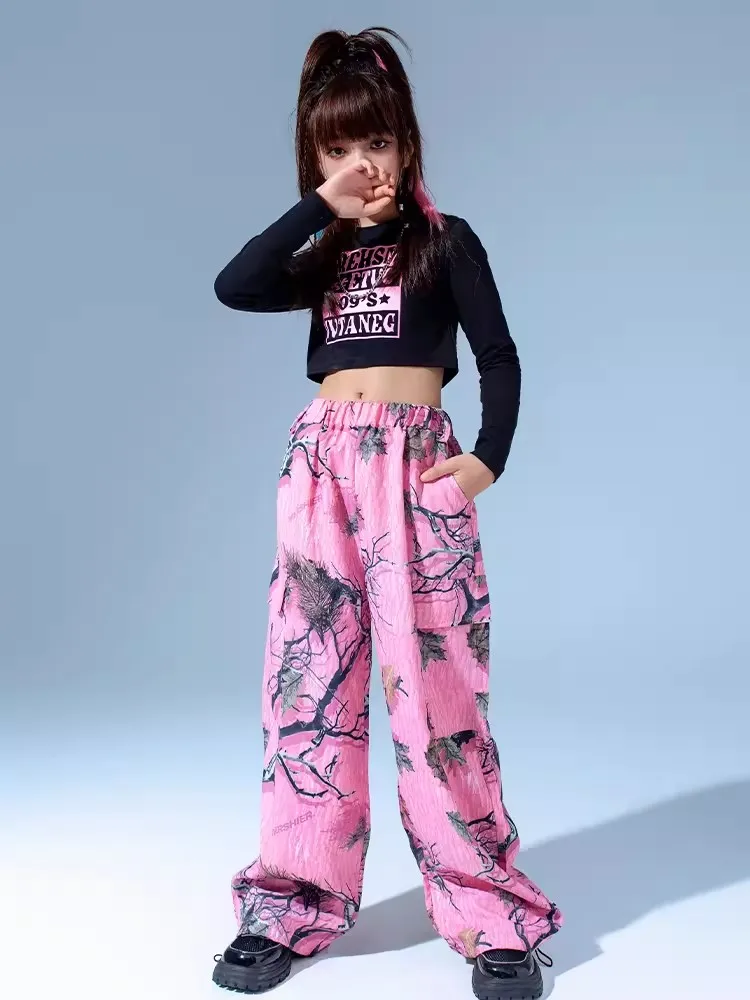 Fato de dança de jazz infantil, roupa de Kpop, tops recortados, calça rosa, roupas hip hop, roupas de palco, BL11817