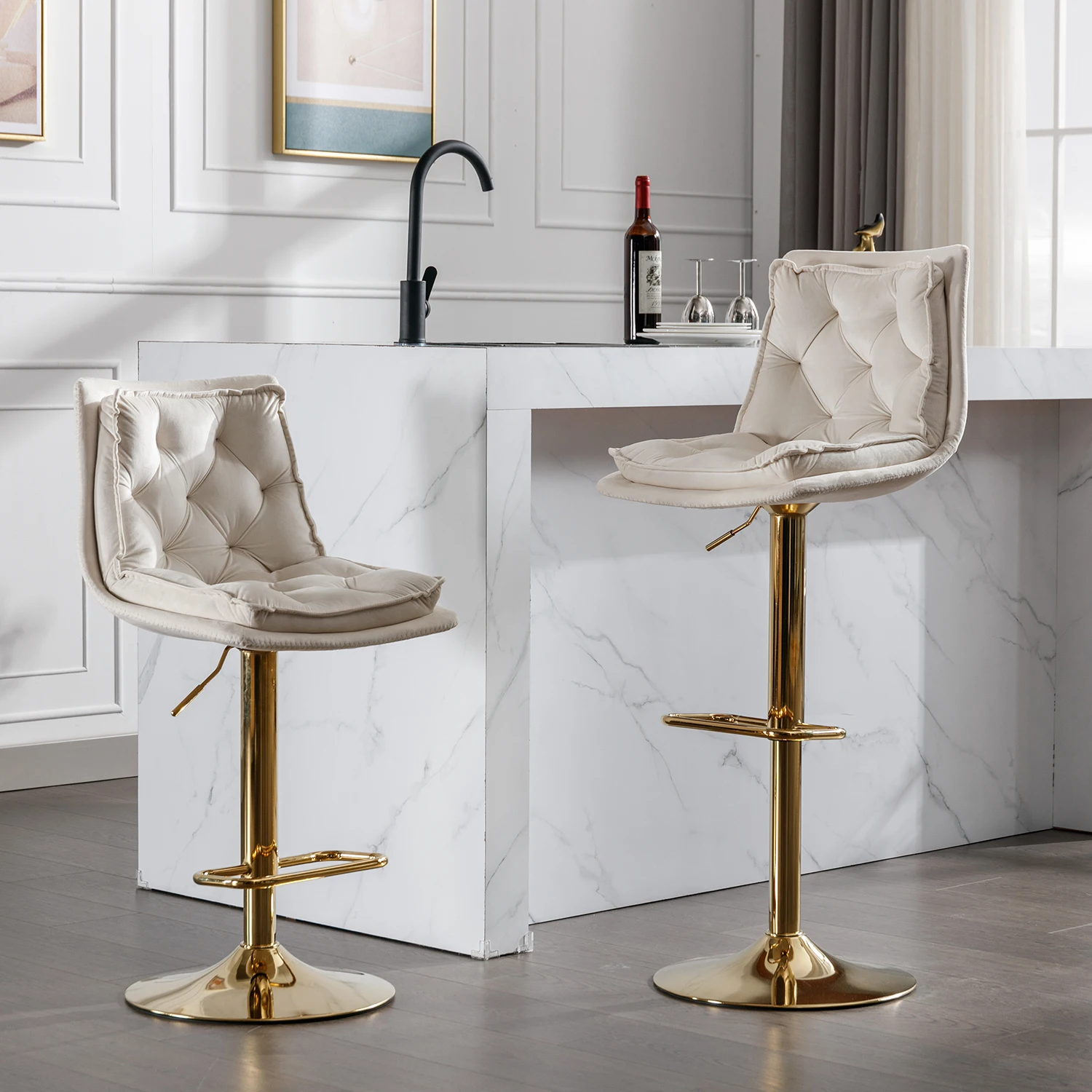 Swivel Bar Stools Set of 2, Adjustable Height, Chrome Footrest, Velvet Seat, Golden Legs, Cream Color