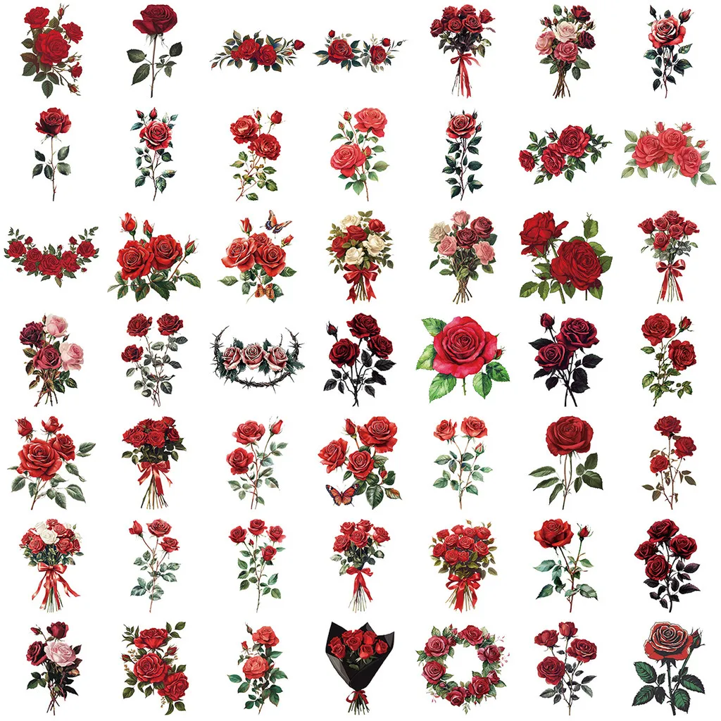 50PCS Transparent Vintage Red Rose Sticker Pack Waterproof Clear PET for Scrapbook Guitar Notebook Decor RecordingYourLife Store image 3