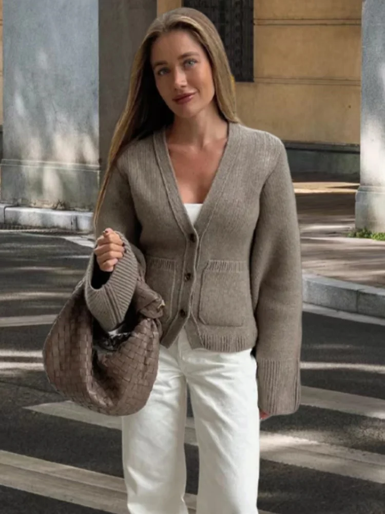 

Однотонный вязаный свободный кардиган с v-образным вырезом, женский повседневный однобортный короткий свитер с длинными рукавами, новинка 2025 года, осенняя офисная одежда для поездок на работу