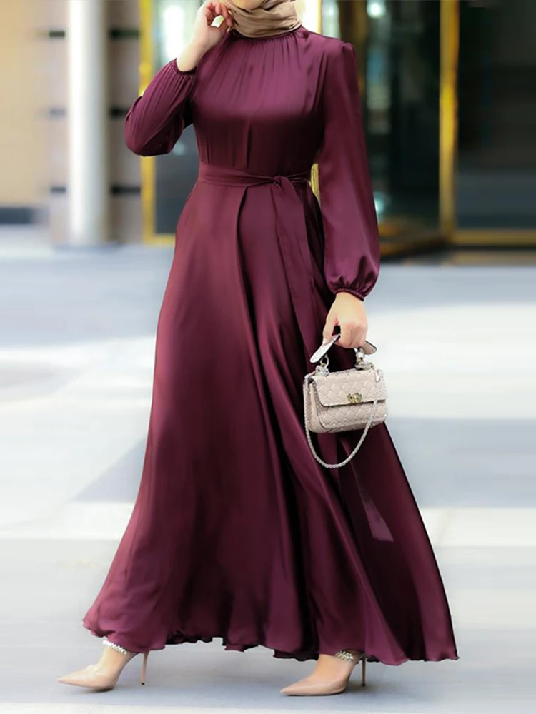 ZANZEA Women Elegant Satin Luxury Maxi Dress Muslim Islamic Long Sleeve O Neck Tied Waist Party Vestidos Solid Color Abaya Robes