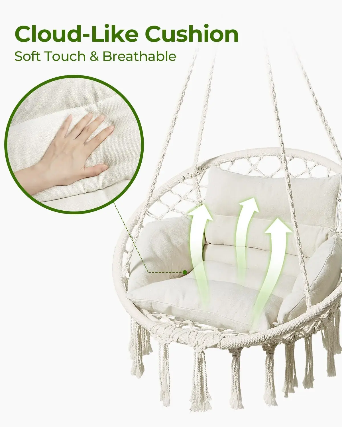 

Hammock Chair, Macrame Swing Chair with Comfy Cushion, Boho Hanging Chair for Outdoor & Indoor, Perfect for Bedroom