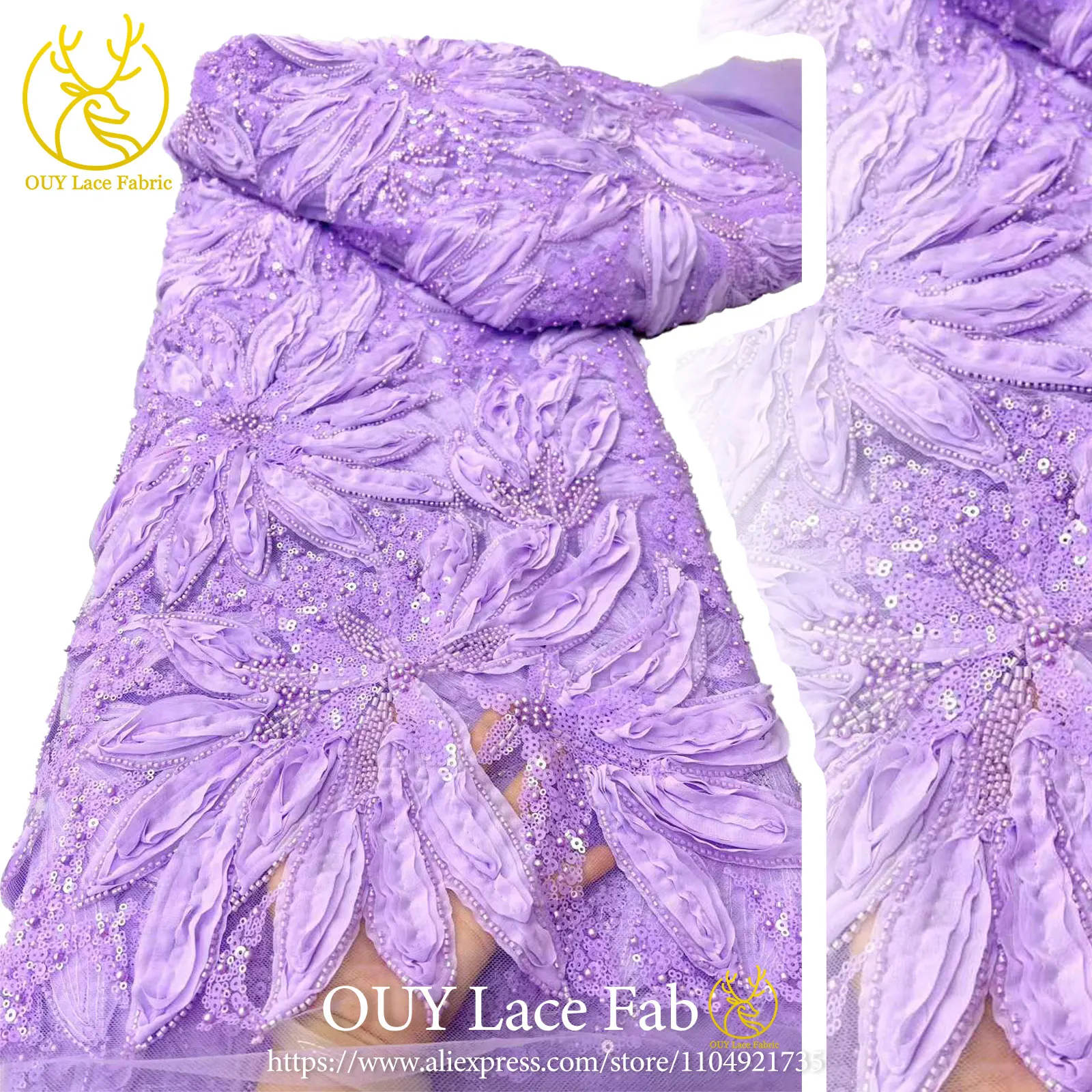 

3D Floral African Beaded Lace Fabric, 2026 High-Quality French Sequin Lace Fabric, Nigerian, Suitable For Wedding Dresses.