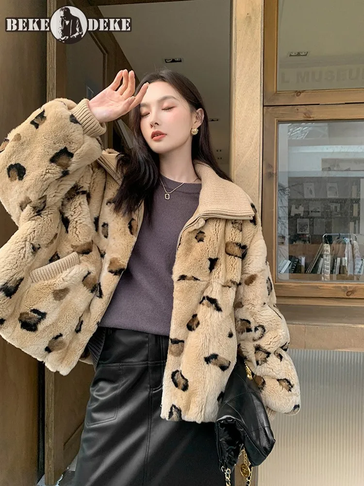 Winter New Women Oversized Soft Real Rabbit Fur Coat Casual Loose Fit Lapel Collar Leopard Printed Jacket Streetwear Overcoat