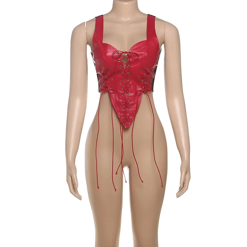 Sexy Lace-up Tank Top Women Y2K 2025 Fall Irregular Leather Patchwork Skinny Hottie Midnight Clubwear Wild Basic Street Vest