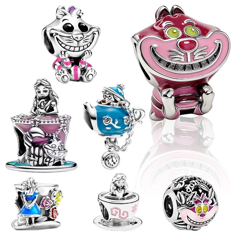 Nuevo colgante de cuentas de gato de Cheshire de Alicia en el país de las Maravillas, compatible con pulsera de plata de serpiente, collar, cuentas para joyería Diy, regalo para mujer