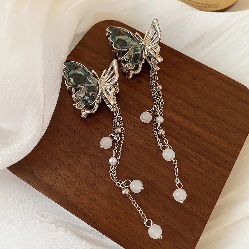 1/2 pçs novo azul-prata emenda borboleta imitação pérola franja pequeno caranguejo grampos de cabelo para mulheres estilo princesa bang tubarão clipe