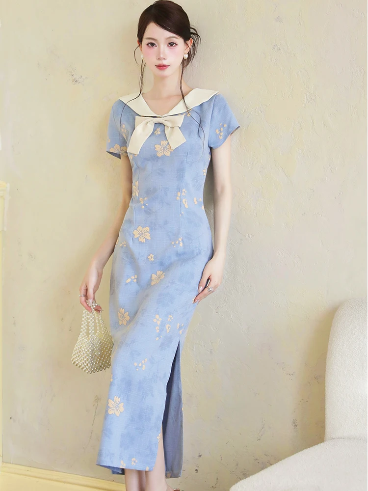 

Summer Blue Jacquard Floral Chic Bow Doll Collar Dress Women Korean Vintage Luxury Dress 2025 Elegant Bodycon Festival Dress