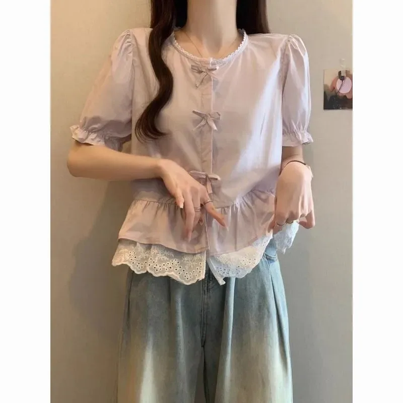 

Summer Women's Blouse Crew Neck Lace Trim Puff Sleeve Bow Detail Lace Hem Casual Tops
